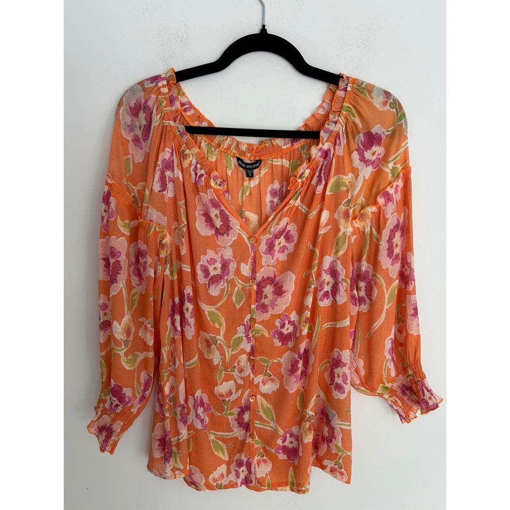 Unique Spectrum Orange Floral Button Down Blouse Smocked Cuffs XL Boho Top